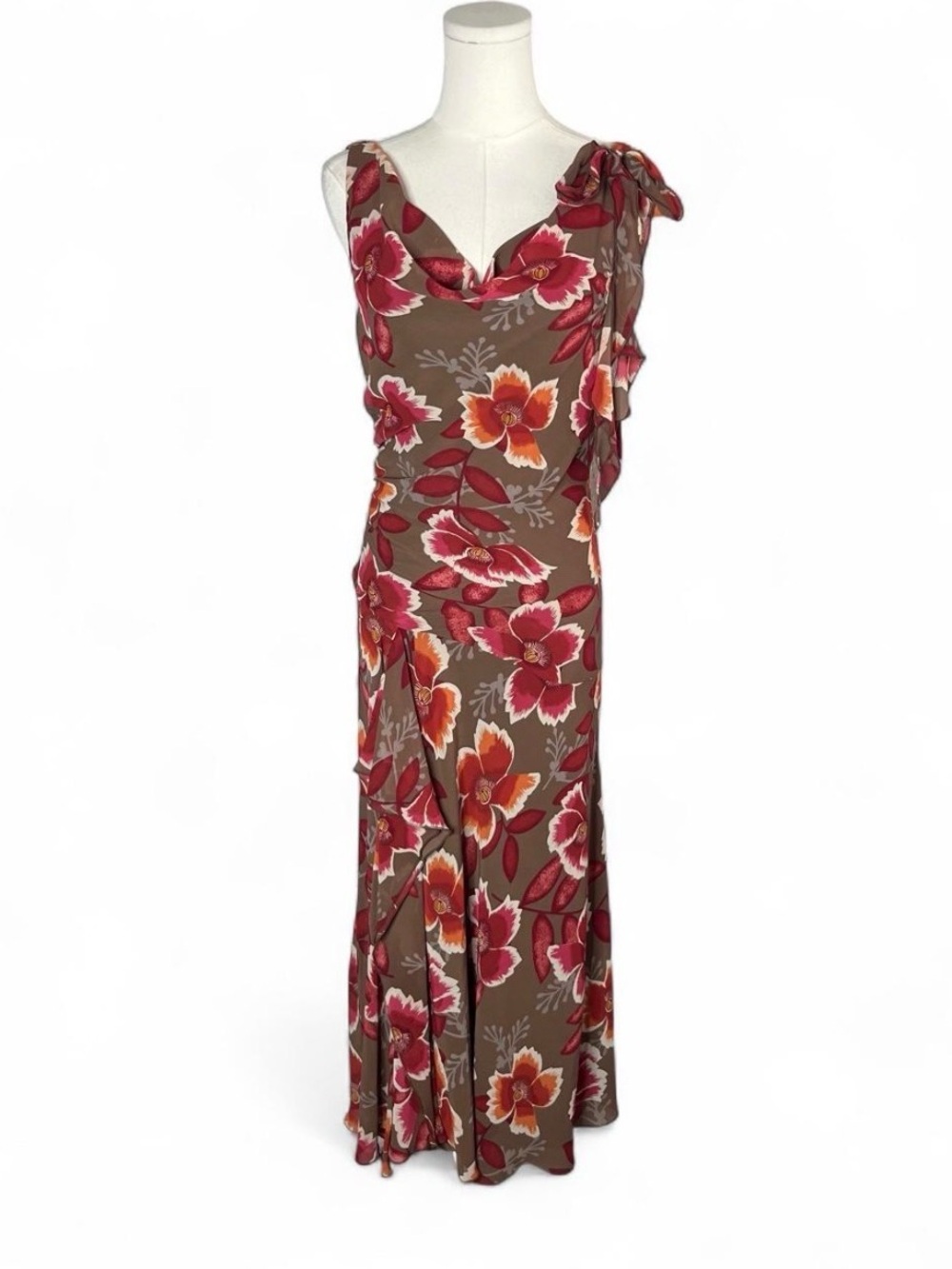 Y2K Vintage Bandolino Brown Red Large Floral Cowl Neck Draped Fairycore Dress